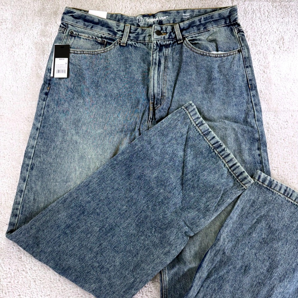 Original Use Mens Baggy Jeans 36x34 Light Acid Wash Blue Cotton Denim Streetwear